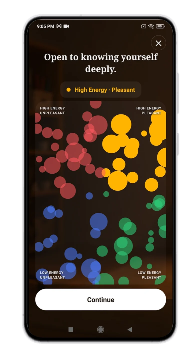 The mood check-in on a phone: tap the bubble that matches how you feel, here High Energy · Pleasant