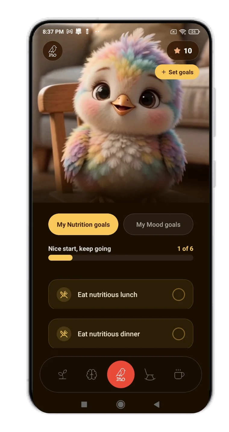 Mo, the friendly bird, on a phone with today's nutrition goals